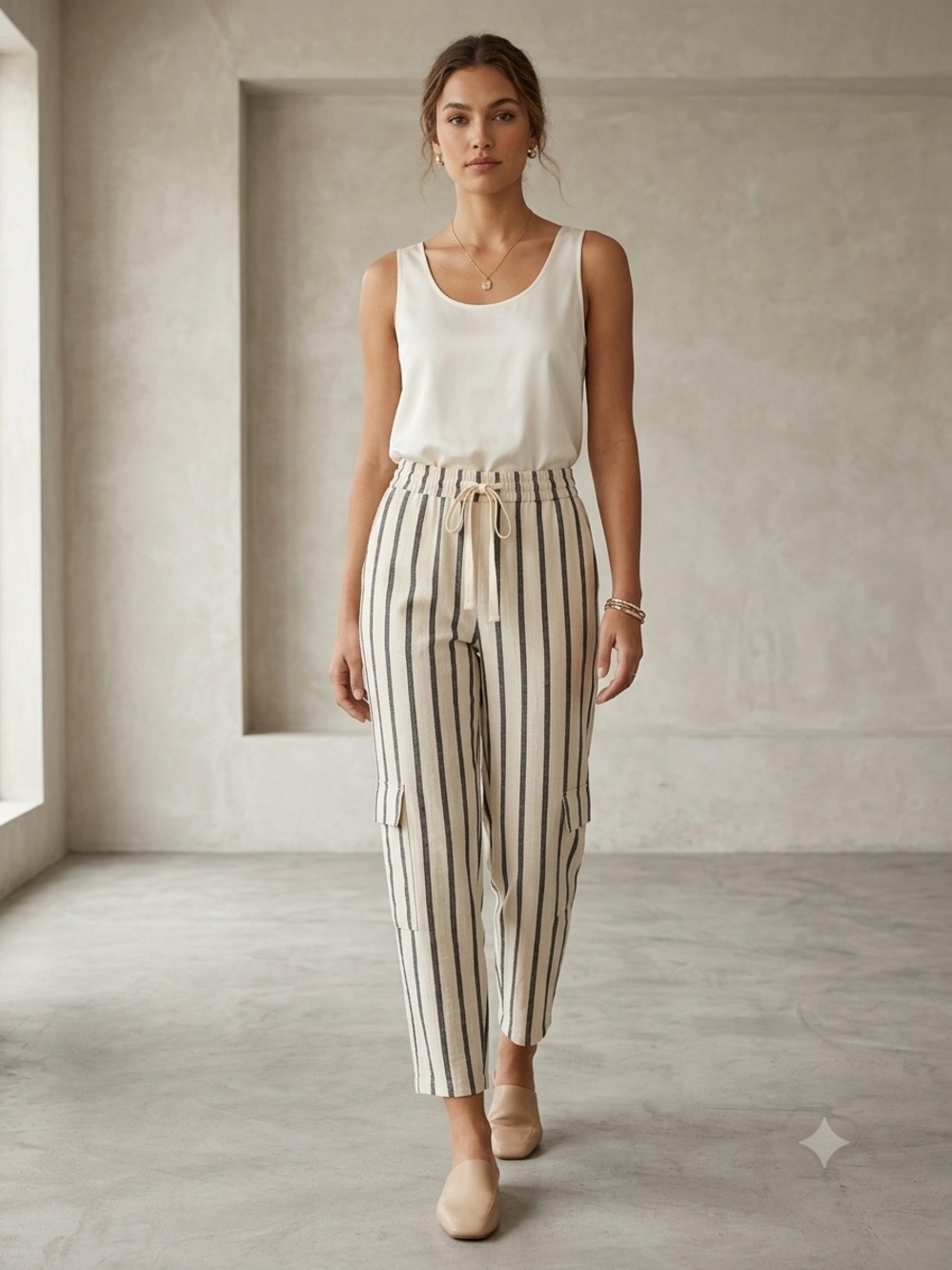ZARA NWT Striped Elastic Waist Cargo Pants w/ Drawstring Size M